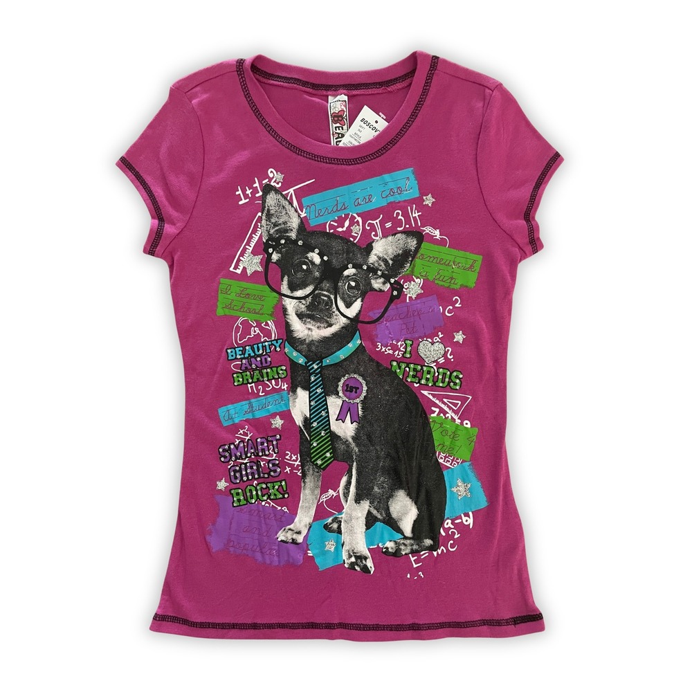 NWT Girls Mulberry Graphic Chihuahua Shirt Cute Nerdy School Tee Size XL